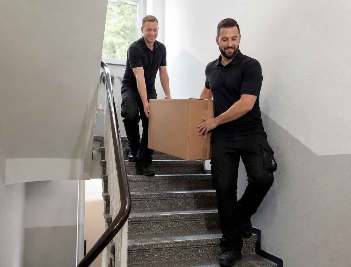 Zwei Mitarbeiter tragen eine Kiste aus einem Treppenhaus